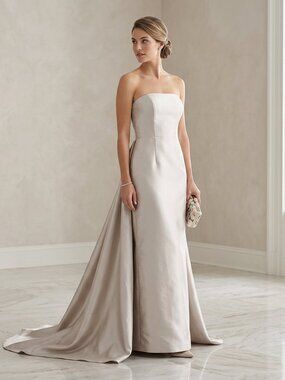 Alfred Sung D876 Strapless Satin Column Gown Removable Watteau Train NWT